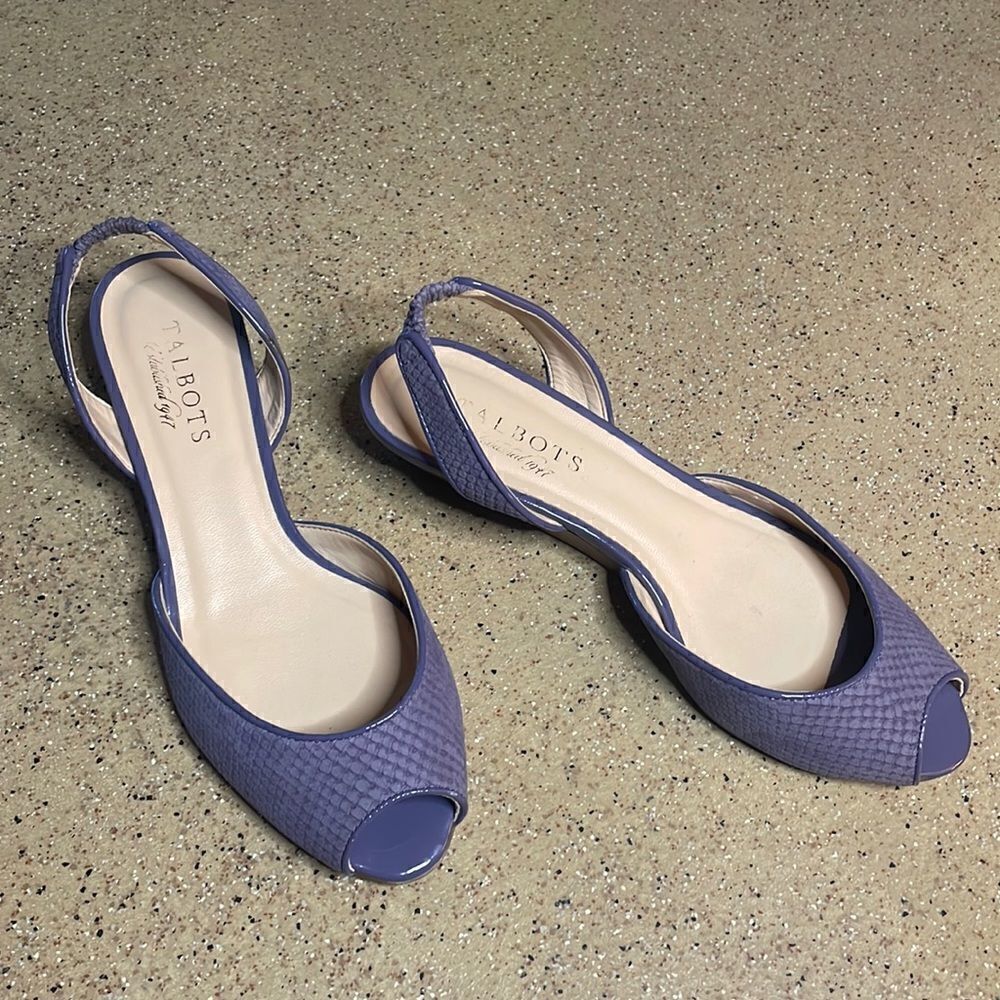 Talbots purple snake embossed suede & patent leather slingback wedge sandals 6AA